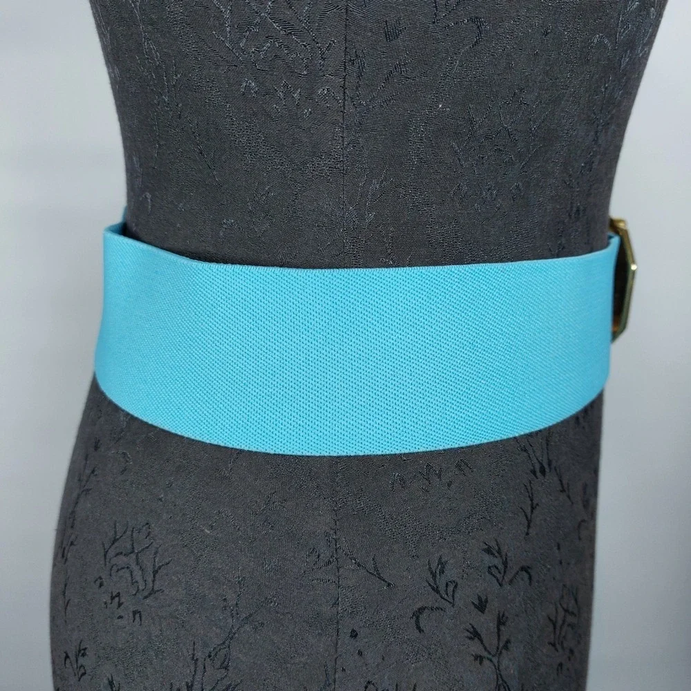 Vintage 80s Stretch Belt  Geometric Gold‎ Buckle Light Blue Sz Med 2